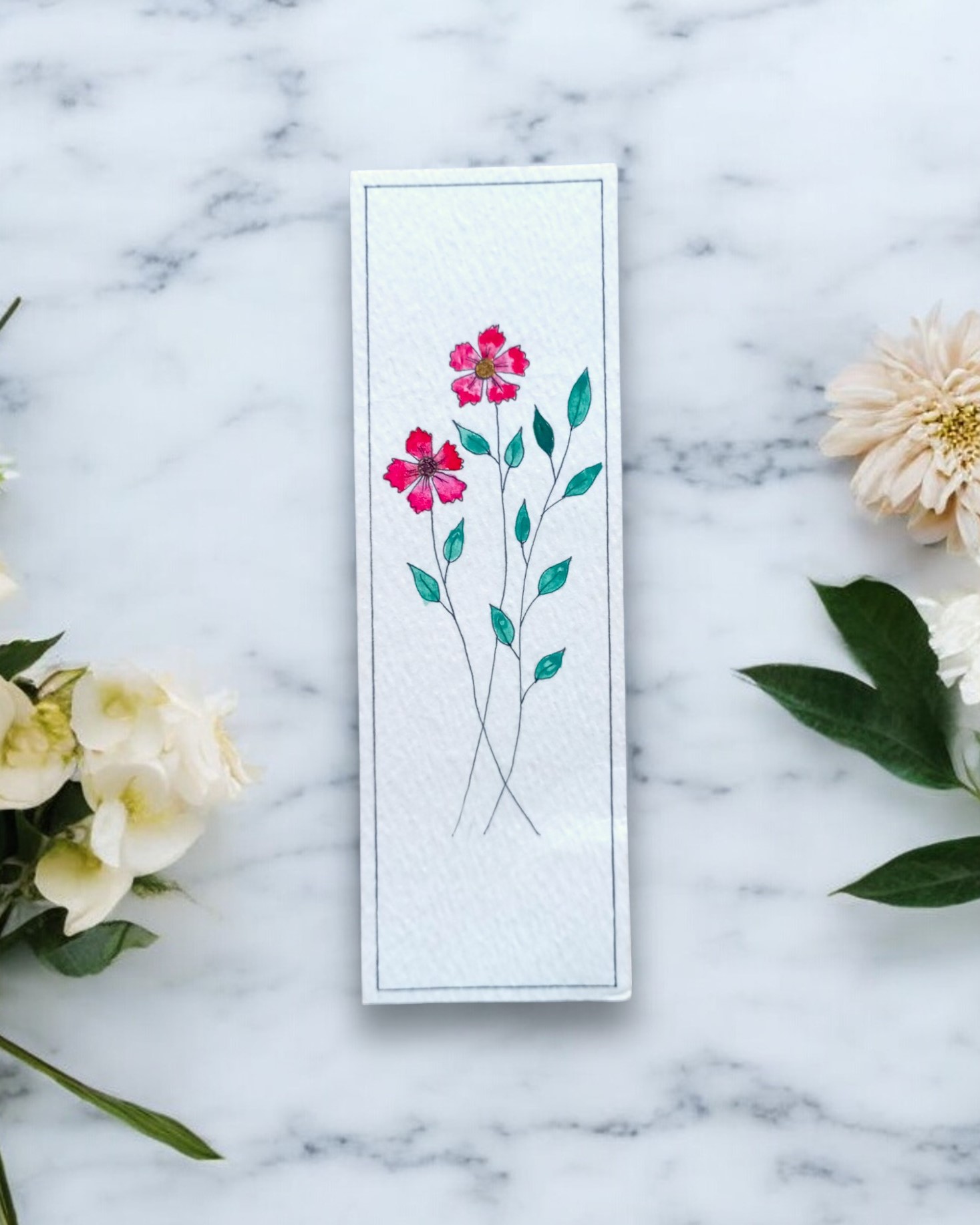 Crimson Elegance hand-painted red floral botanical bookmark with teal leaves by Mimi's Art Nook