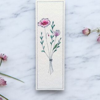 Rustic Wildflower Charm hand-painted pink carnation and purple tulip bouquet bookmark by Mimi's Art Nook