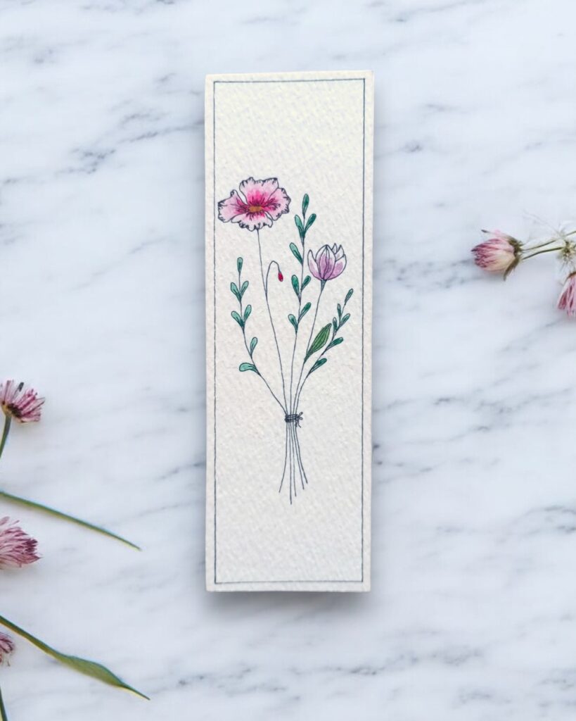Rustic Wildflower Charm hand-painted pink carnation and purple tulip bouquet bookmark by Mimi's Art Nook