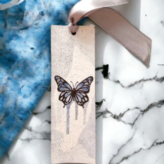 Silvery Flutter hand-painted blue butterfly bookmark with satin ribbon by Mimi's Art Nook